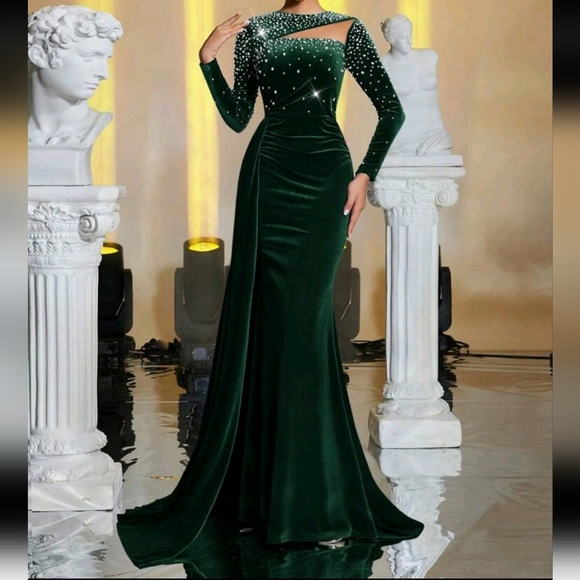 Velvet Mesh Hollow Out Handcrafted Ombre Studded Pearl Ruffle Side Maxi Dress - Picture 1 of 6